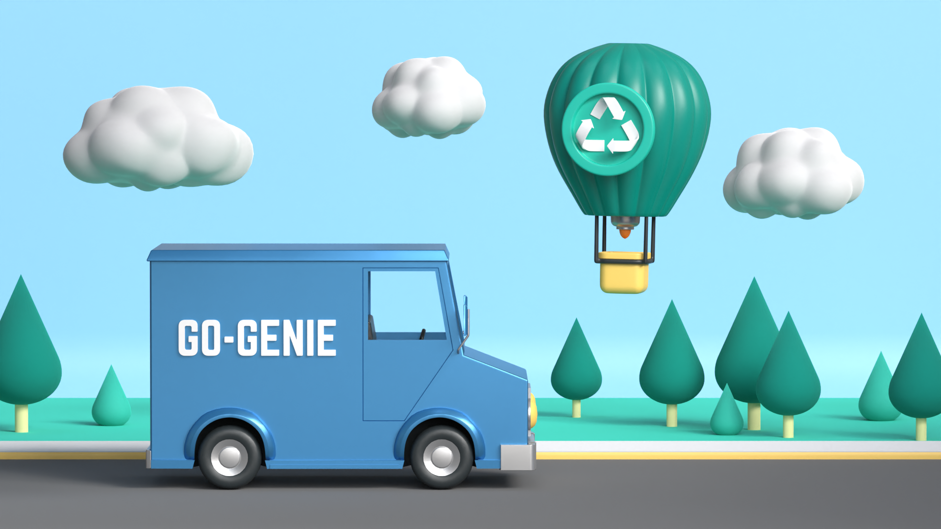 GO-GENIE delivery truck, recycling hot air balloon, and sustainable landscape